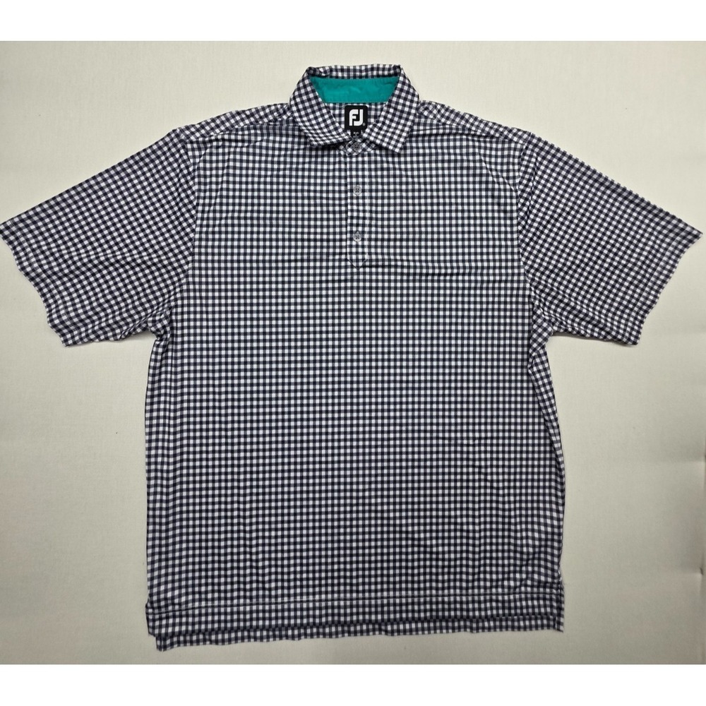FootJoy Mens XL Polo Shirt Navy Blue White Gingham Check Short Sleeve‎ Stretch